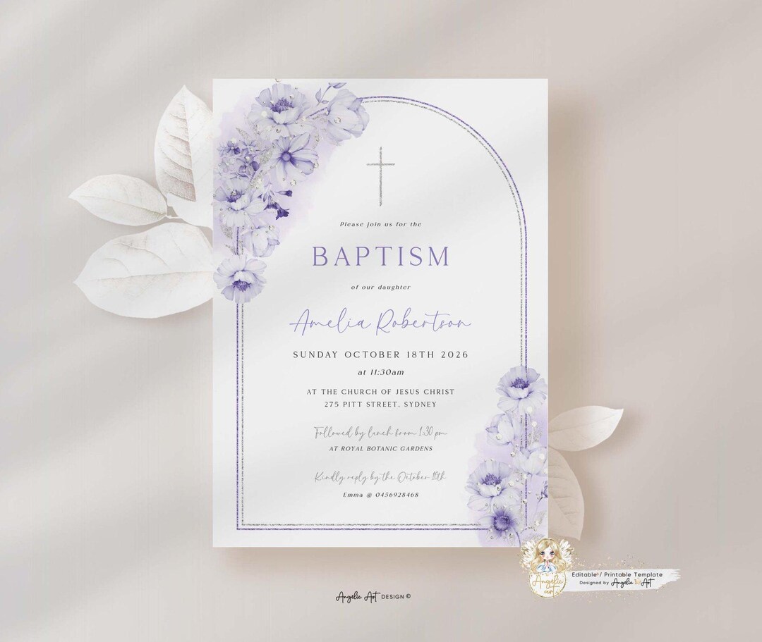 Purple Lilac Floral Baptism Invitation Template Girl Boy EDITABLE ...