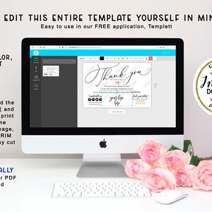 May include: A computer screen displaying a thank you card template with the text "Thank you" in a cursive font. The template is editable and can be printed at home or professionally. The image also includes a gold circle with the text "Editable Instant Download Printable".