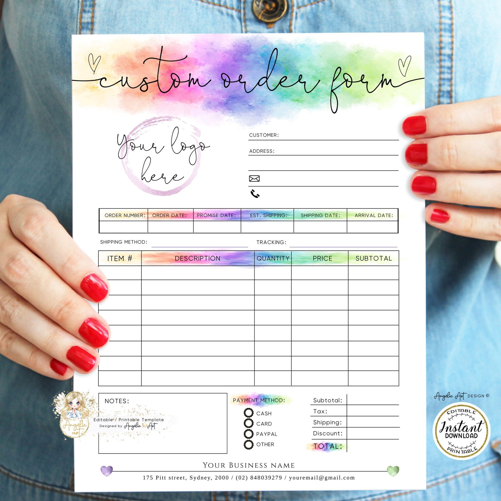 IRIS - RAINBOW Custom Order Form Template, Modern Printable Order Form ...
