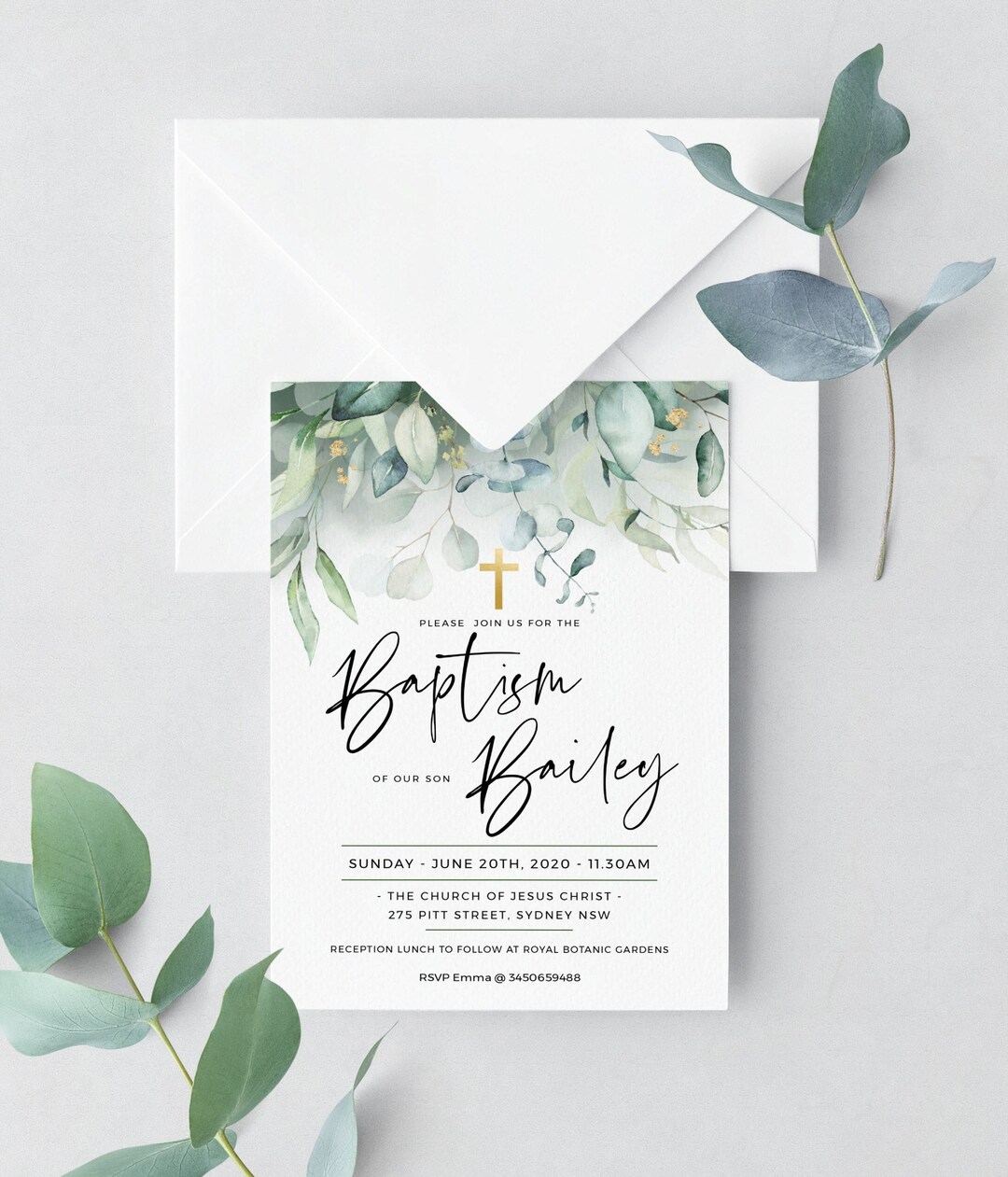 Eucalyptus Baptism Invitation Template, Greenery Gold Boy Baptism