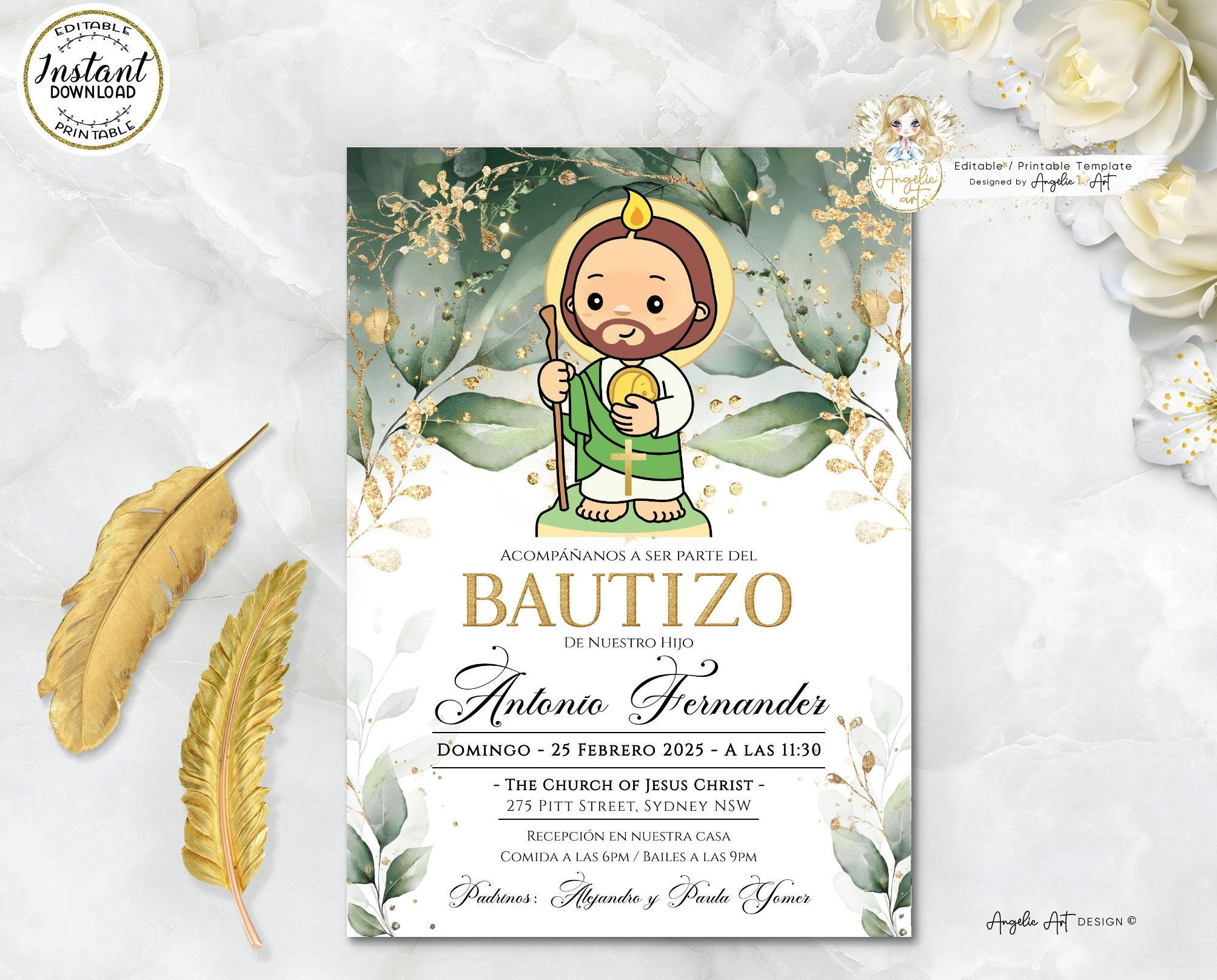 San Jesus Invitación Bautizo Niño Niña Greenery Gold Invitacion Bautizo unprimible Taufeinladung Spanisch EDITIERBARE Verde Dorado Bautizo