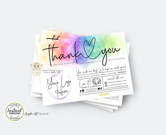 IRIS - Rainbow Business Thank You Card Template, Editable Business Thank You For Your Order Insert Card Watercolor Printable Business Insert
