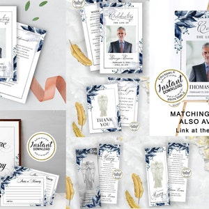 May include: A set of printable funeral templates featuring a blue and white watercolour floral design with a photo frame. The templates include a memorial programme, thank you card, and a share a memory sign. The text on the templates reads "Celebrating the Life of" and "Thank You".