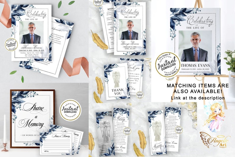 May include: A set of printable funeral templates featuring a blue and white watercolour floral design with a photo frame. The templates include a memorial programme, thank you card, and a share a memory sign. The text on the templates reads "Celebrating the Life of" and "Thank You".