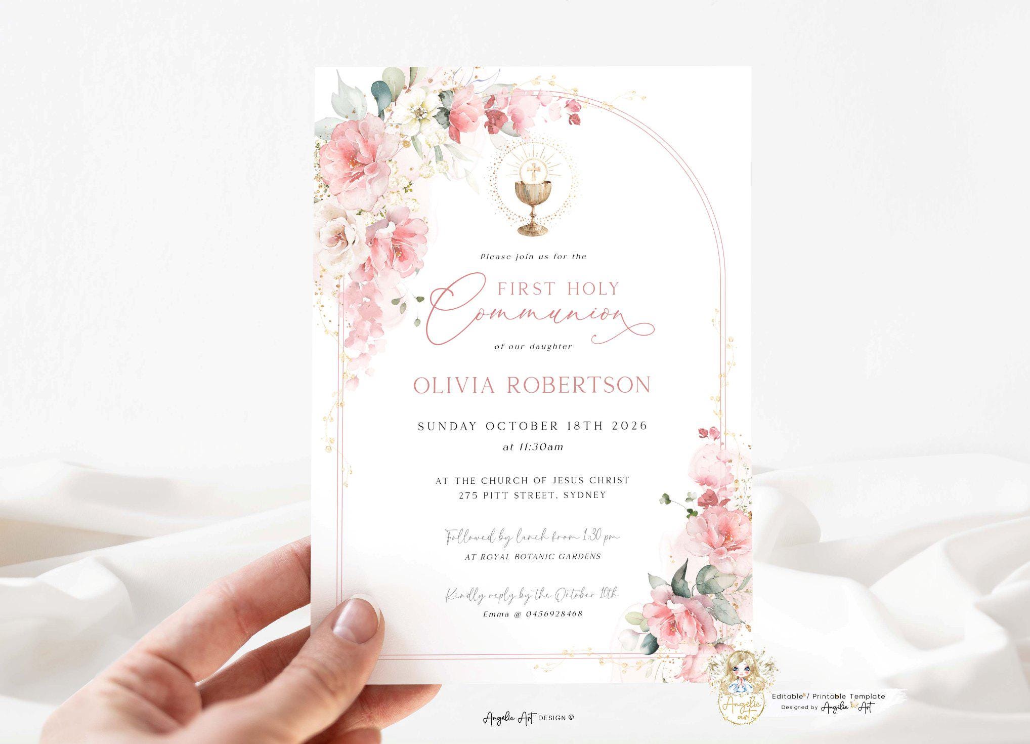 ISABEL - Floral First Communion Invitation Template – Blush Pink and ...
