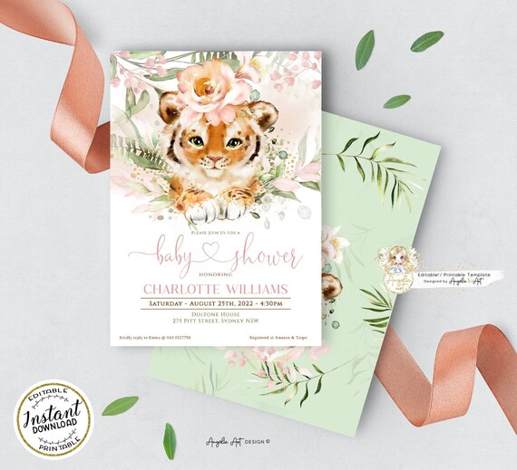 Cute Baby Girl TIGER Invitation Template Tiger Baby Shower Etsy