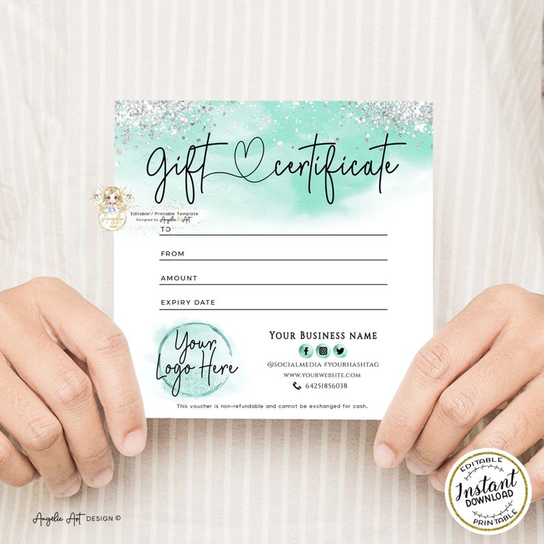 Teal Tiffany Gift Certificate Templates Silver Glitter Etsy