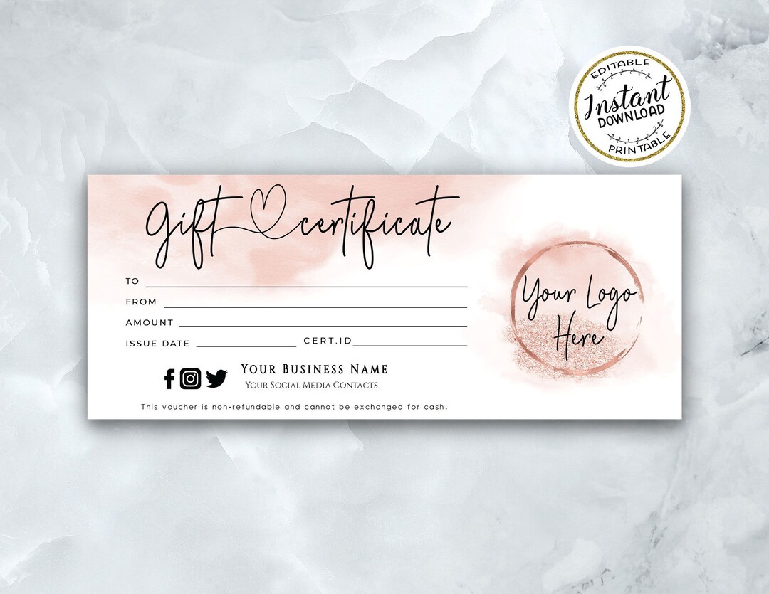 ADD Your LOGO Gift Certificate Template Modern Rosegold Printable Gift Card Peach Coral Editable Gift Voucher Blush Voucher Etsy