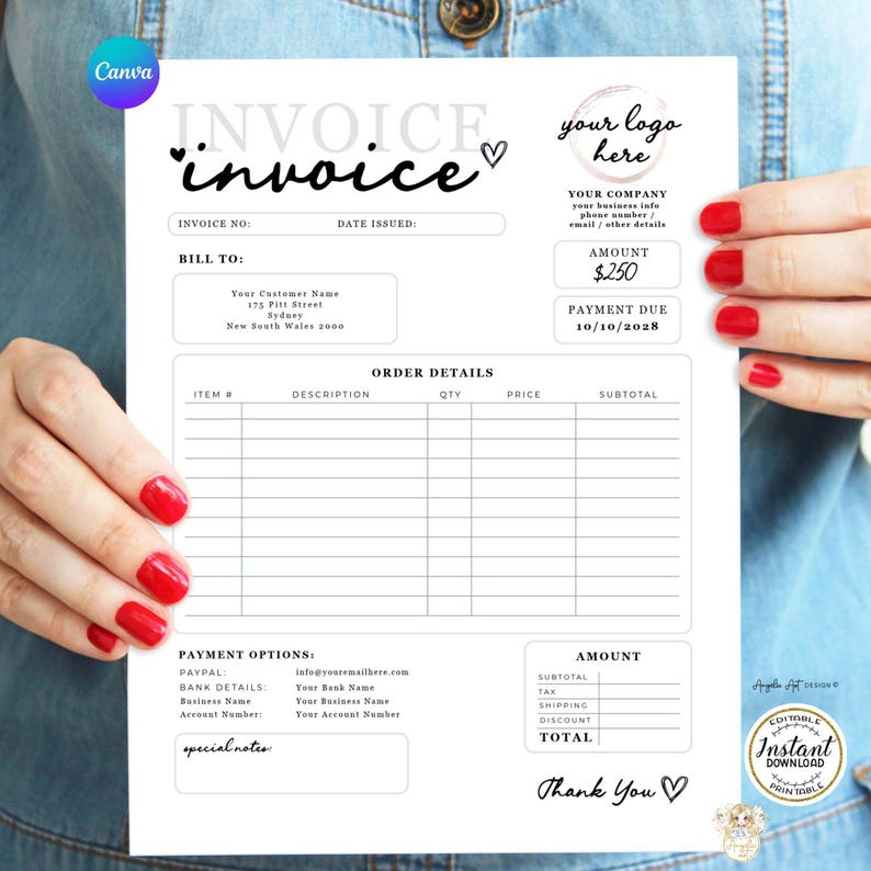 Simple Event Invoice Modern Printable Simple INVOICE Form Template, Billing Form CANVA ...
