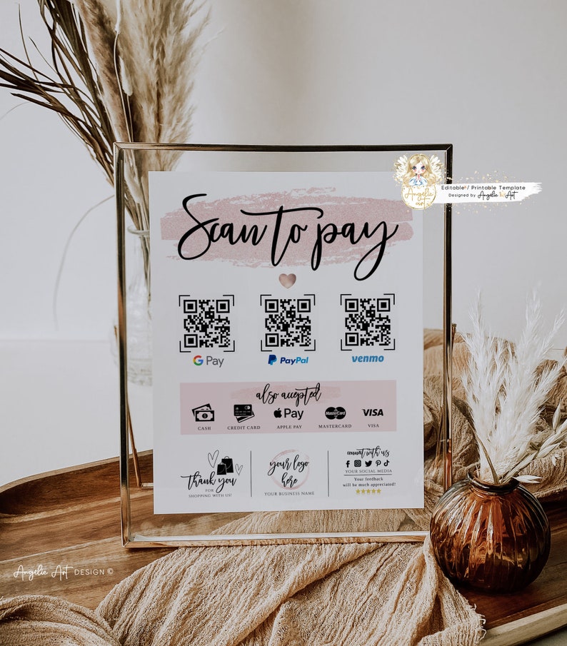 ROSY Rose Gold Editable Scan to Pay Template QR Payment Sign Template Printable Scan to Pay Sign Customer QR Sign DiY Cash App Sign image 5