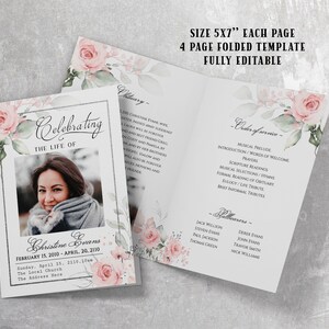 May include: A 4-page funeral program template with a pink floral design. The template is fully editable and includes sections for the order of service, pallbearers, and a memorial photo. The text on the front page reads "Celebrating the Life of Christine Evans".