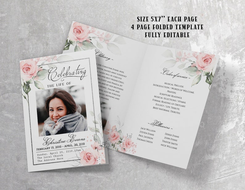 May include: A 4-page funeral program template with a pink floral design. The template is fully editable and includes sections for the order of service, pallbearers, and a memorial photo. The text on the front page reads "Celebrating the Life of Christine Evans".