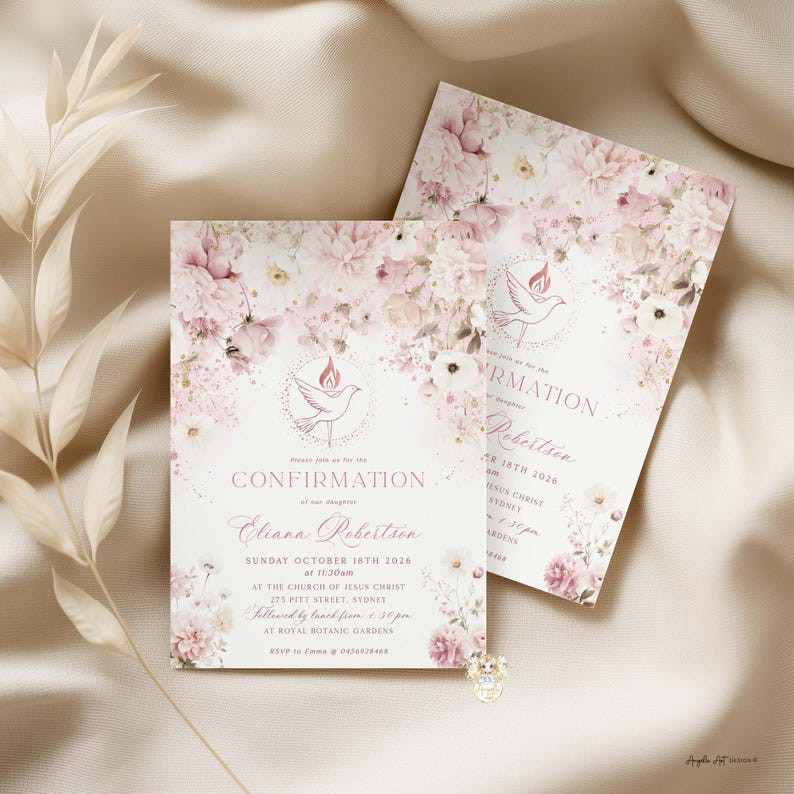 ELIANA - Blush Pink Floral Confirmation Invitation Template, Catholic ...
