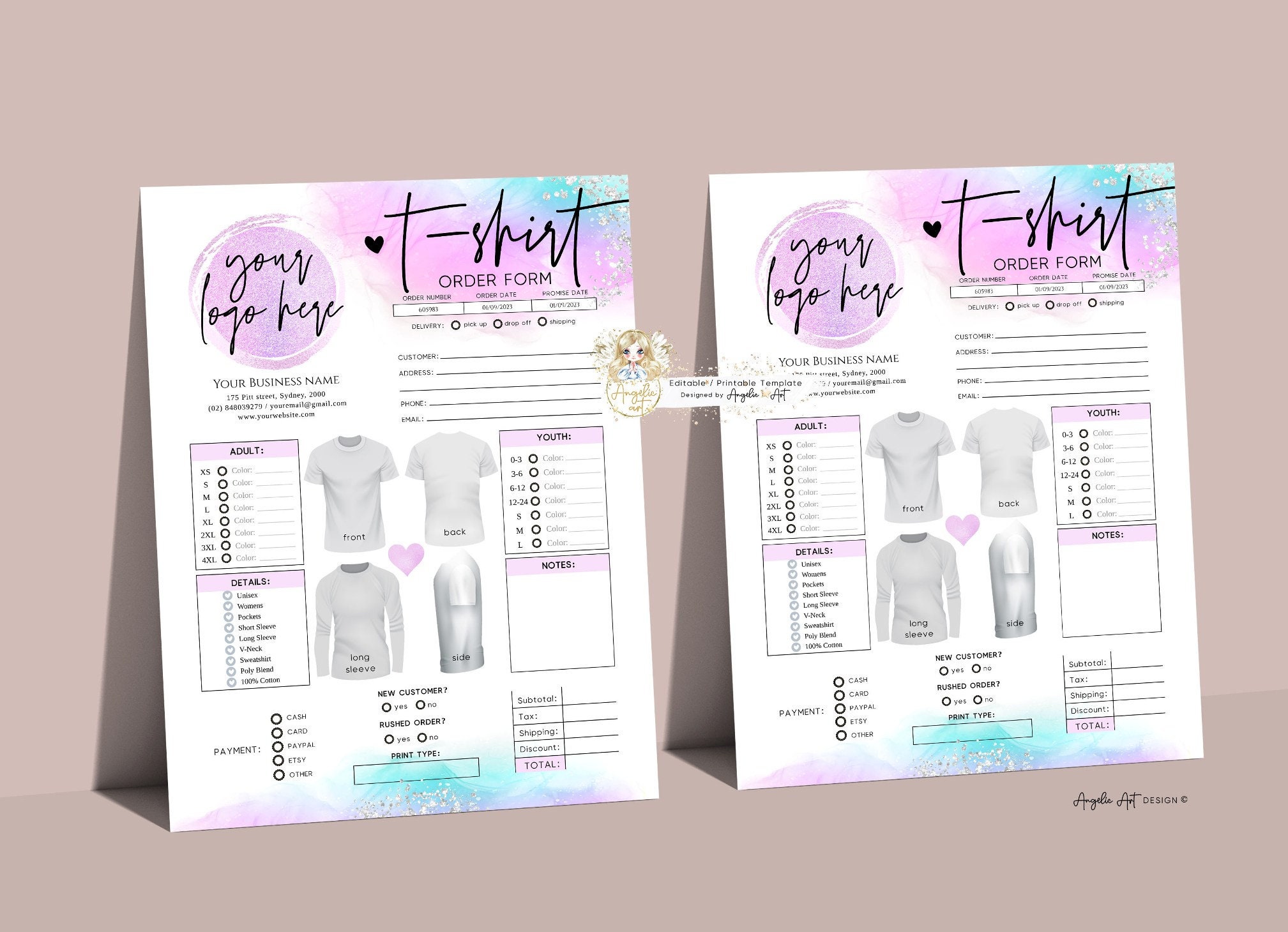 DREAMY - Pastel T-SHIRT Order Form Template, Modern Editable Printable ...