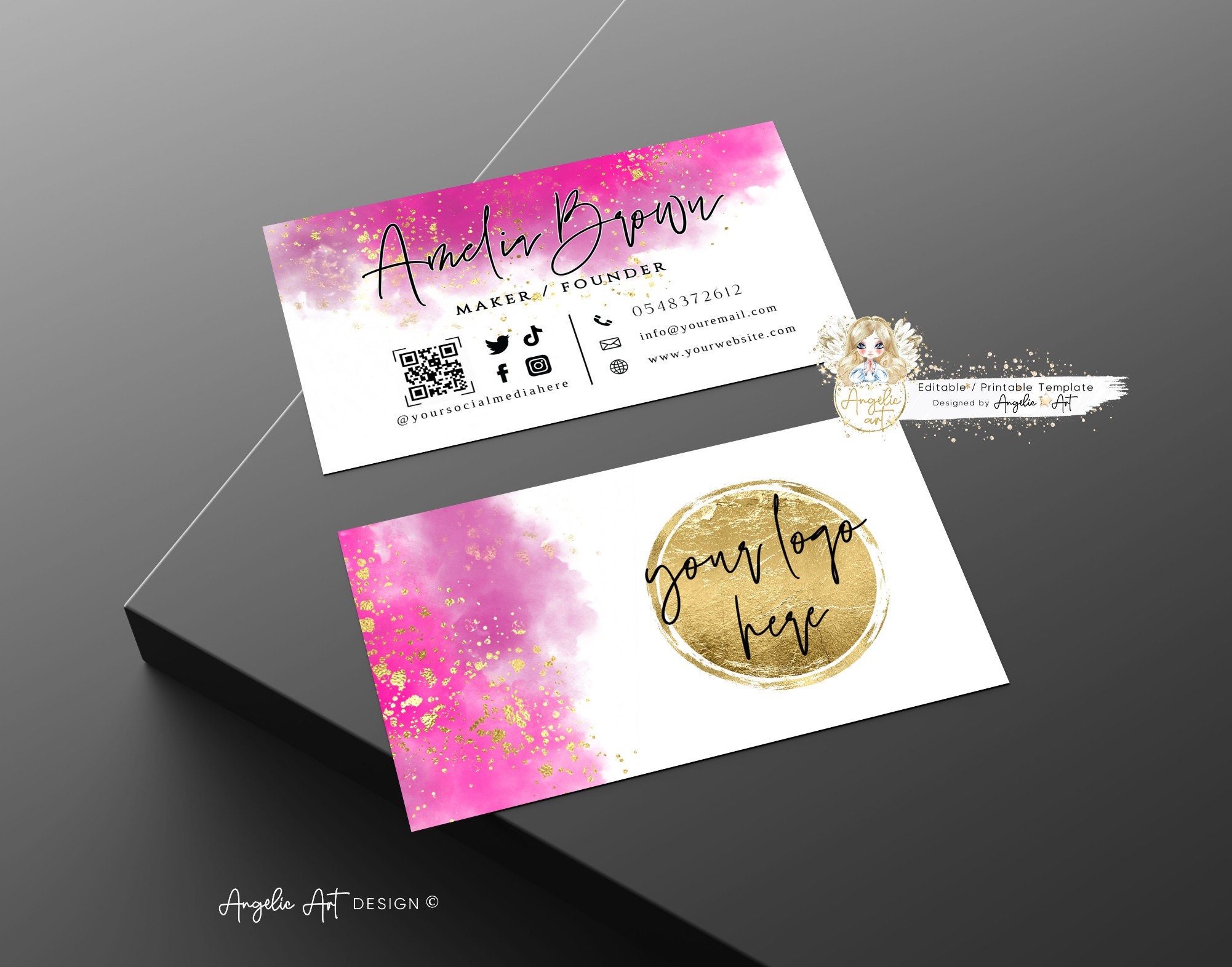 JOY Hot Pink Gold Glitter Business Card Template Pink Gold Etsy