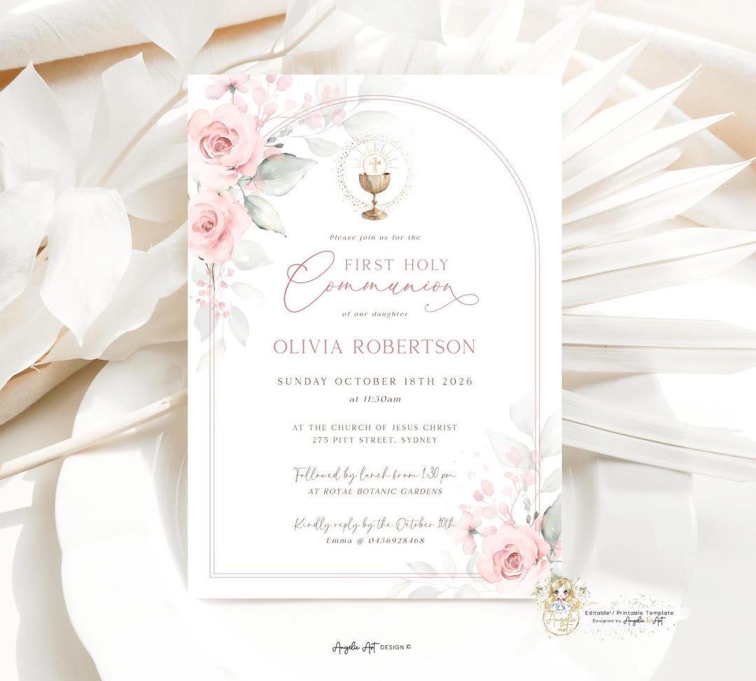 AMELIA - Blush Floral First Holy COMMUNION Invitation Template Girl ...