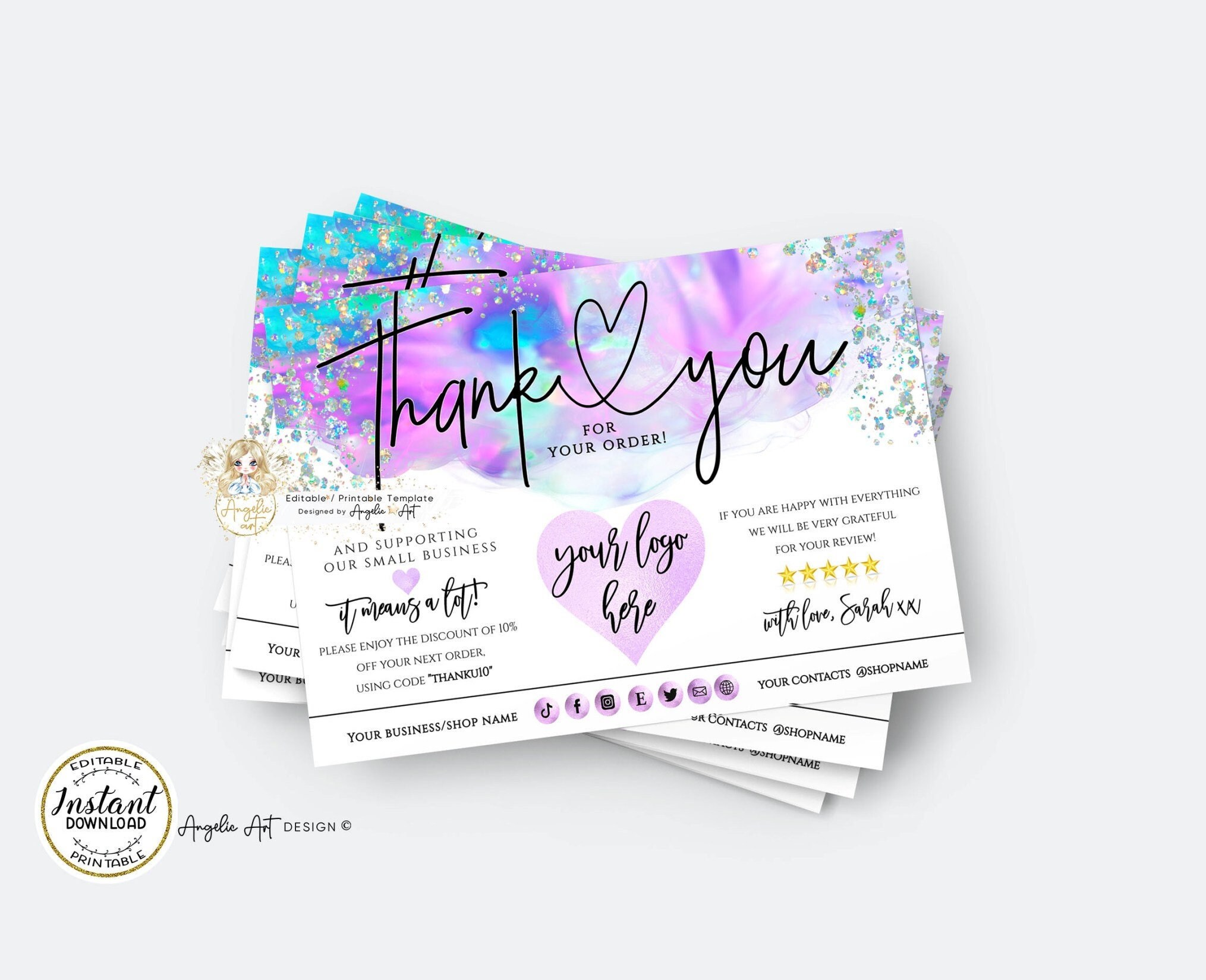 COLIBRI - Editable Business Thank You HOLOGRAPHIC Glitter Unicorn Modern Business Insert card Template Printable DIY Business Thank You