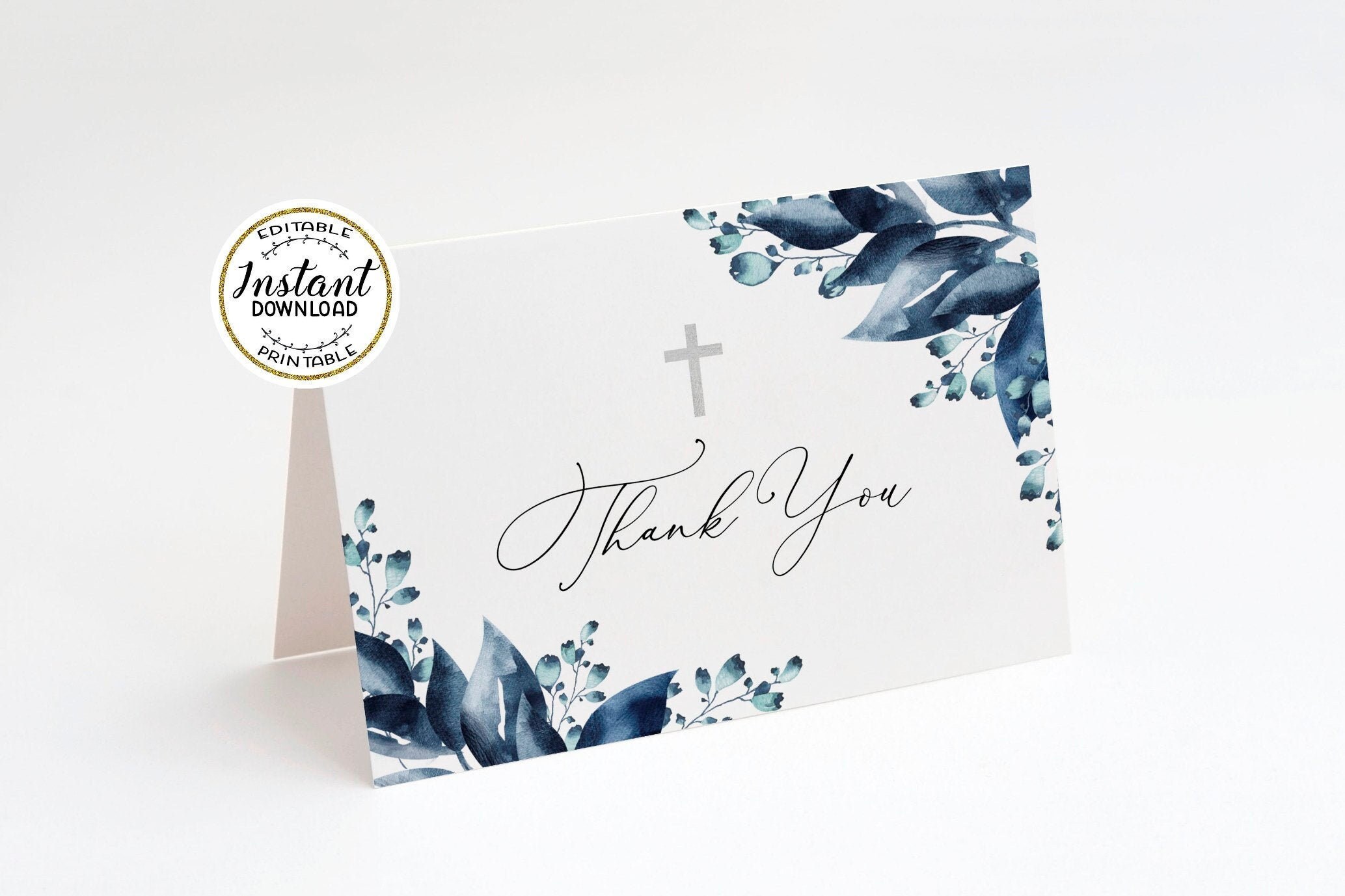 Baptism Thank You Card Template Editable Baptism Card Blue Etsy UK