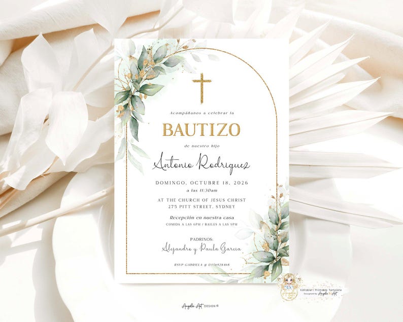 K&ouml;nnte beinhalten: Eine Taufeinladung mit einem goldenen Kreuz und einem gr&uuml;nen und goldenen Blumendesign. Der Text lautet "Acomp&aacute;&ntilde;anos a celebrar la BAPTIZO de nuestra hijo Antonio Rodriguez DOMINGO, OCTUBRE 18, 2026 a las 11:30am AT THE CHURCH OF JESUS CHRIST 275 PITT STREET, SYDNEY Recepci&oacute;n en nuestra casa COMIDA A LAS 1:30PM BAILES A LAS 5PM PADRINOS Alexandra y Paula Garcia"