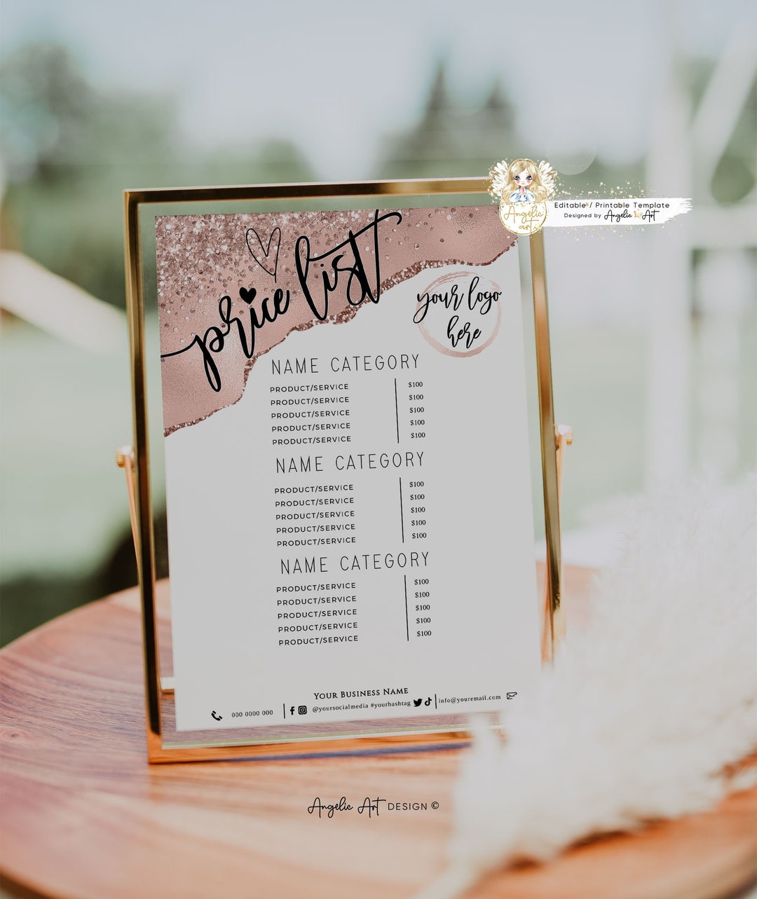 ROSEGOLD Glitter Glam Price List Template, Editable Business Pricing ...