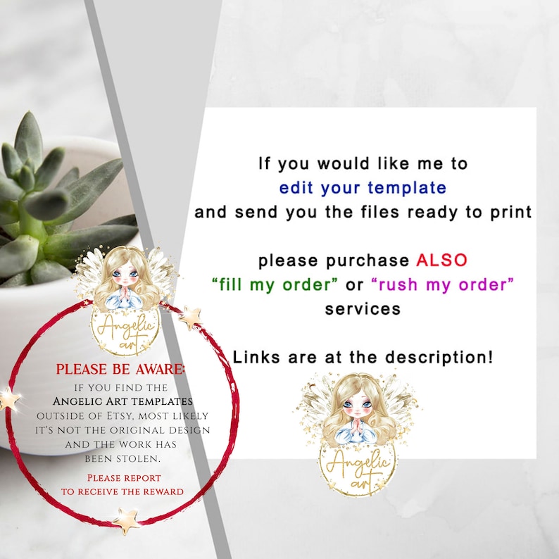 K&ouml;nnte beinhalten: Eine digitale Illustration eines Engels mit einem rosa Kleid und blauen Fl&uuml;geln. Das Bild ist von einem roten Kreis mit wei&szlig;en Sternen und dem Text "Angelic Art" umgeben. Der Text "Bitte beachten Sie: Wenn Sie die Angelic Art Templates au&szlig;erhalb von Etsy finden, ist es sehr wahrscheinlich, dass es sich nicht um das Originaldesign handelt und die Arbeit gestohlen wurde. Bitte melden Sie dies, um eine Belohnung zu erhalten" befindet sich in einem wei&szlig;en Kasten mit rotem Rand. Der Text "Wenn Sie m&ouml;chten, dass ich Ihre Vorlage bearbeite und Ihnen die druckfertigen Dateien sende, kaufen Sie bitte auch "Bestellung ausf&uuml;llen" oder "Bestellung beschleunigen" Dienste Die Links finden Sie in der Beschreibung!" ist in schwarzem Text.