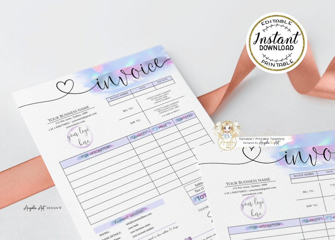 AURORA - Pastel Pink Lilac Invoice Form Template EDITABLE Modern ...