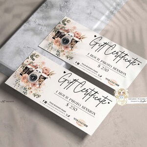 May include: Two white gift certificates with floral and camera illustrations. The certificates read "Gift Certificate" and "1 Hour Photo Session $250". The design includes a vintage camera and soft pink flowers.