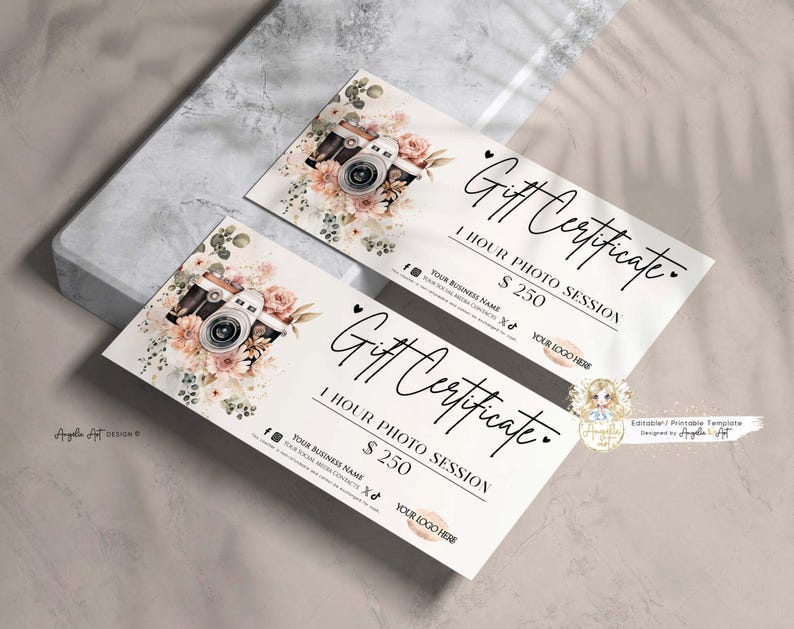 May include: Two white gift certificates with floral and camera illustrations. The certificates read "Gift Certificate" and "1 Hour Photo Session $250". The design includes a vintage camera and soft pink flowers.