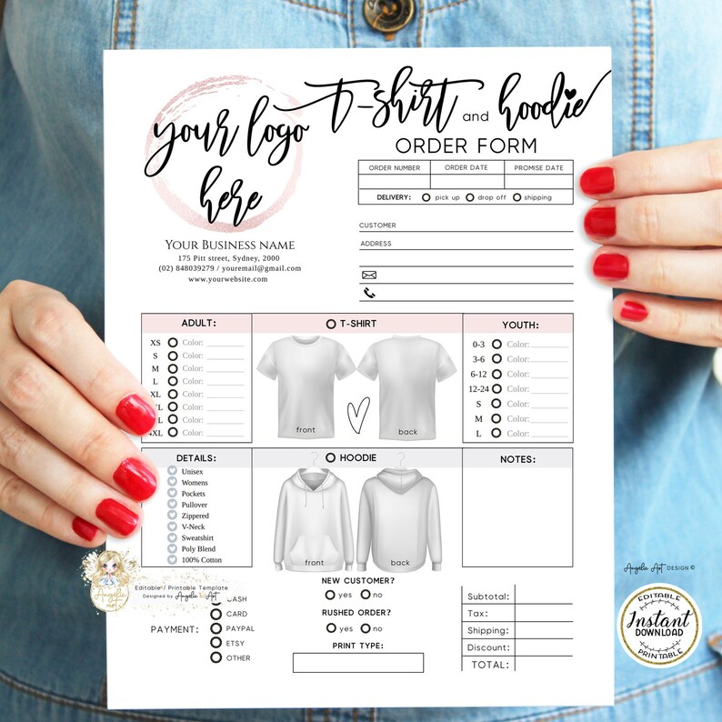 May include: A printable order form for t-shirts and hoodies. The form includes sections for adult and youth sizes, color choices, details, payment options, and a section for notes. The form also includes a section for new customer and rushed order options.
