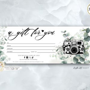 EDITABLE Eucalyptus Photography Gift Certificate Templates Printable Gift Certificate Photo Session Voucher Greenery Photography Gift Card