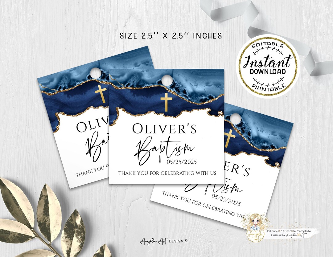 Editable Baptism Favor Tags Template Deep Blue Gold Baptism Square Tags ...