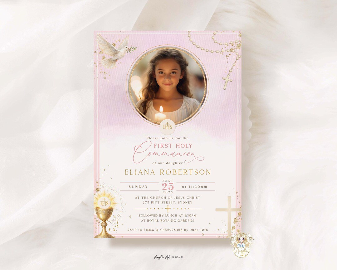 Pink Gold PHOTO First Holy COMMUNION Invitation Template, EDITABLE Girl ...