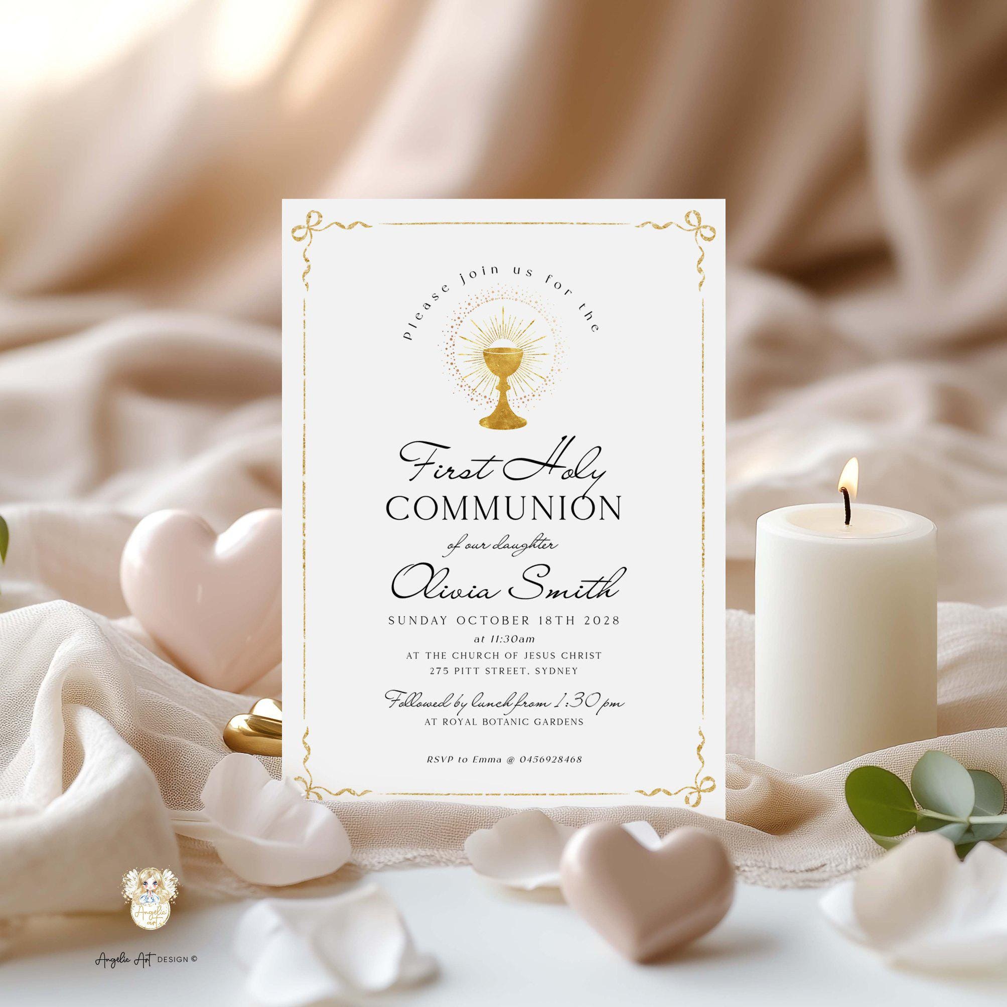 Simple Gold First Holy COMMUNION Invitation Template, EDITABLE Digital ...