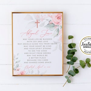 DELICATE Blush Pink Baptism Blessing Sign, Greenery Pink Floral Baptism Blessing Printable, EDITABLE Baptism Gift for Girl, Prayer Sign image 2