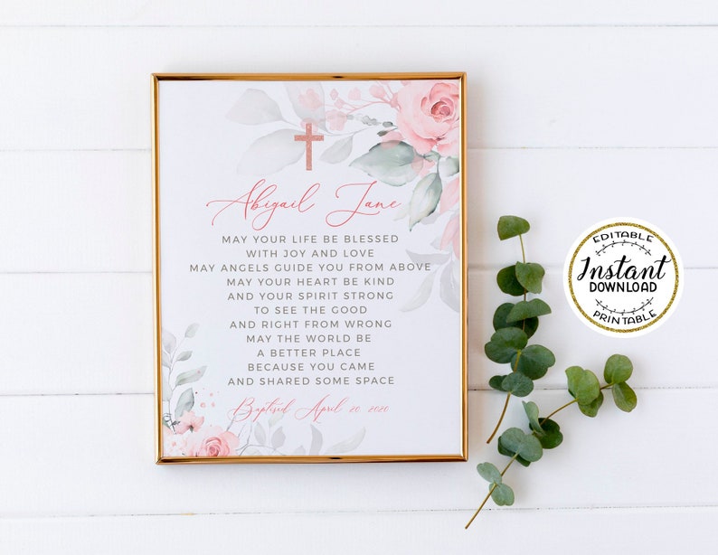 DELICATE Blush Pink Baptism Blessing Sign, Greenery Pink Floral Baptism Blessing Printable, EDITABLE Baptism Gift for Girl, Prayer Sign image 2