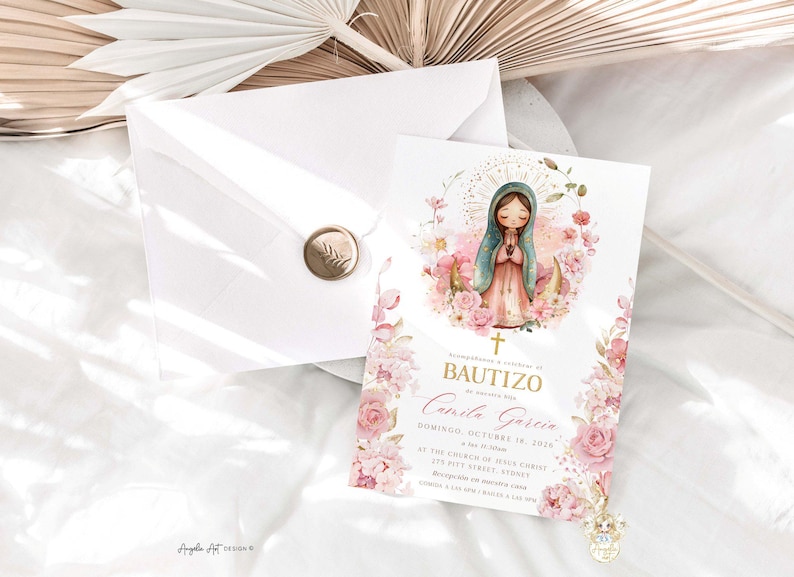 Virgen de Guadalupe Invitacione Bautizo Niña. Spanish Baptism Invitation Girl, EDITABLE Para Imprimir 17 imagem 3