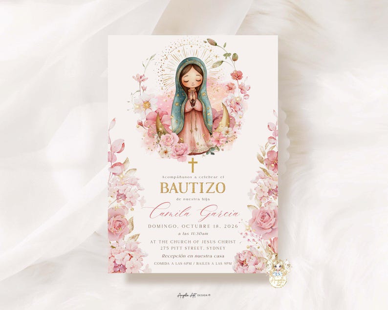Invitacione De bautizo Niña Virgen de Guadalupe Baptism Invitation Girl Spanish