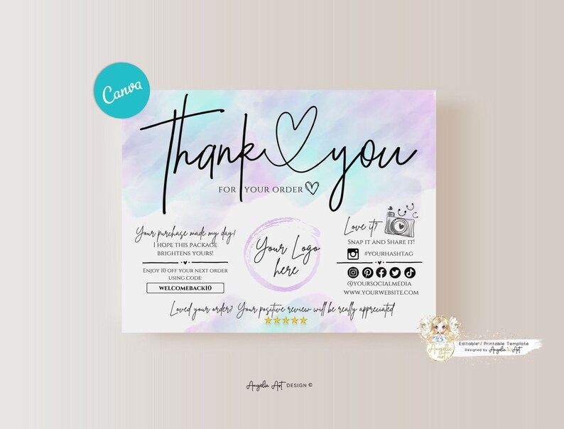 Editable in CANVA Pastel Business Thank You Insert Card Template Modern ...