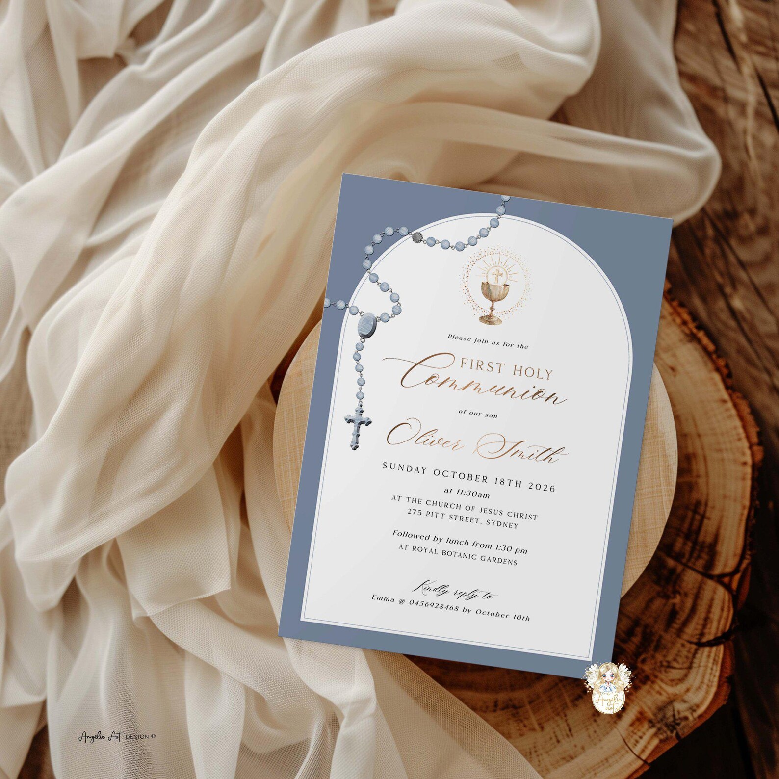 DUSTY BLUE Gold First Holy Communion Invitation Template Dusty Blue