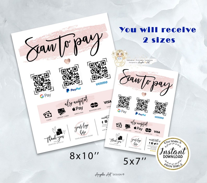 ROSY Rose Gold Editable Scan to Pay Template QR Payment Sign Template Printable Scan to Pay Sign Customer QR Sign DiY Cash App Sign image 4