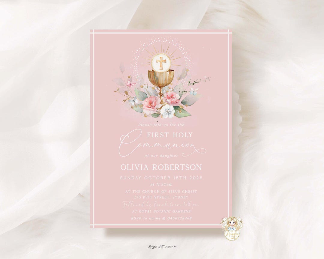 Editable Blush Pink Floral First Holy COMMUNION Invitation Template ...