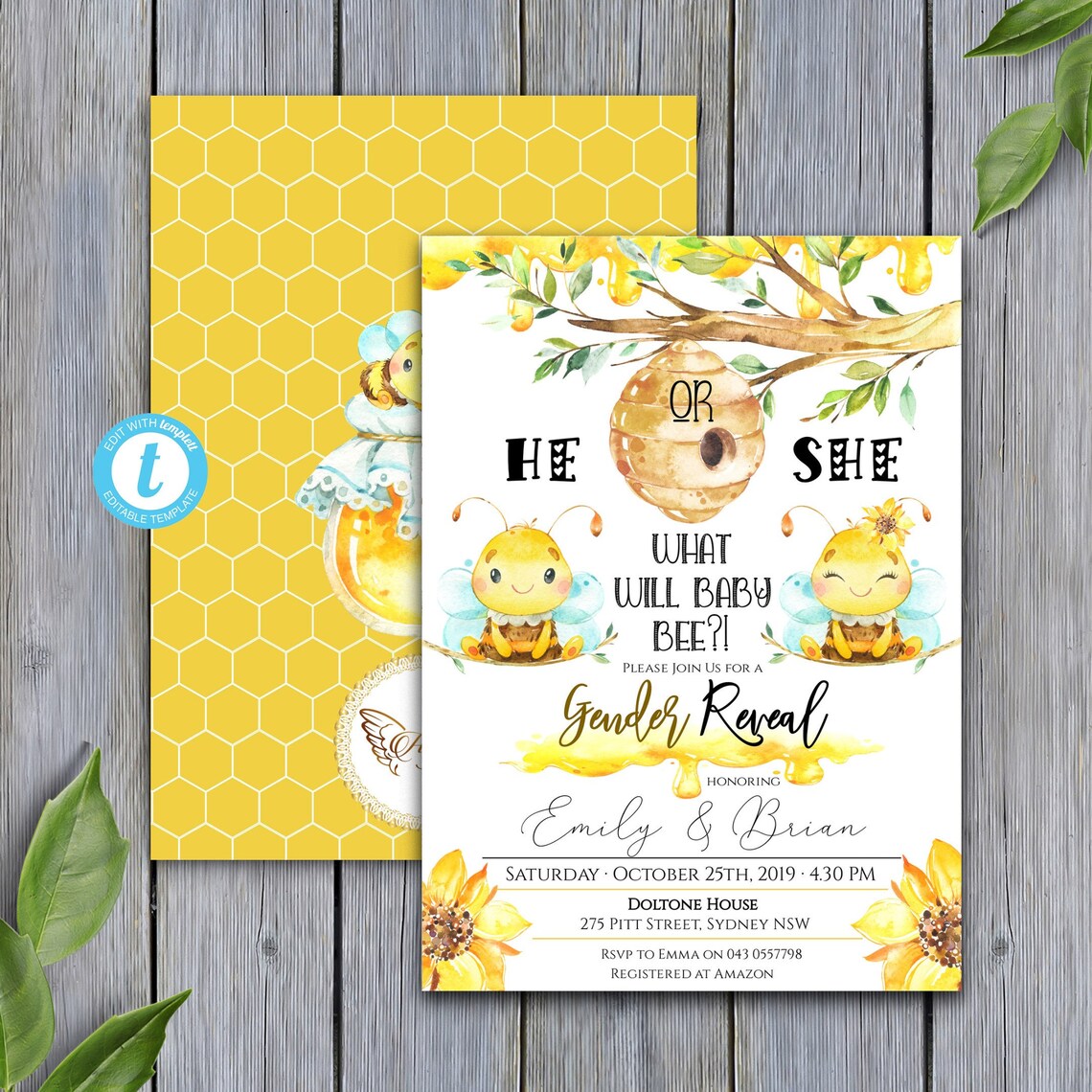 BEE Gender Reveal Invitation EDITABLE Template Instant Etsy
