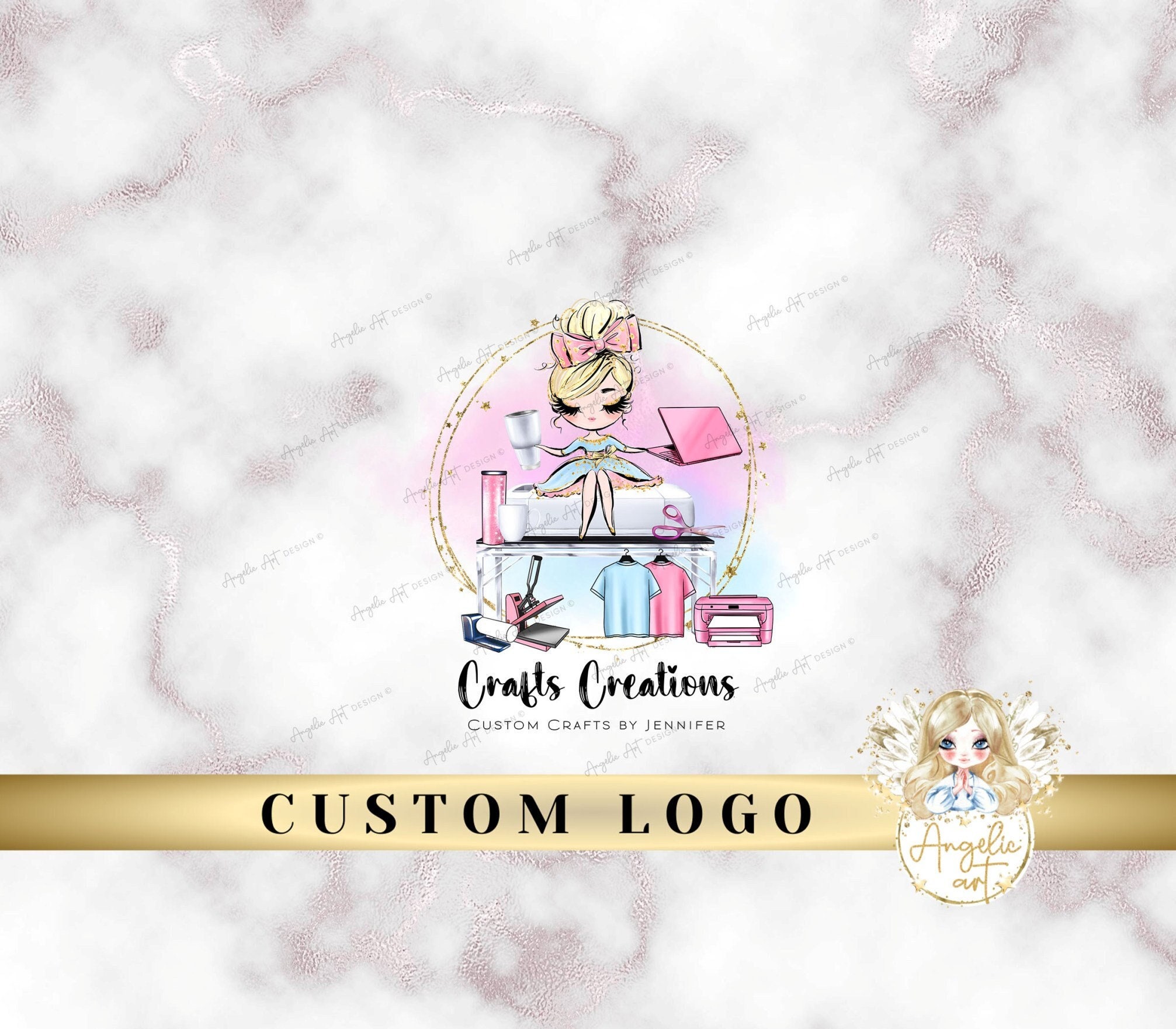 Crafter Business LOGO Custom Editable Logo Template Craft Pastel Pink Blue Business Logo T-shirt Tumbler Makers DIY Cricut Machine Logo
