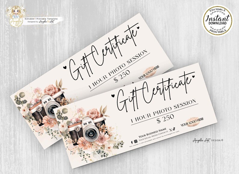May include: Two beige gift certificates with the words "Gift Certificate" in elegant script. Each certificate features a camera illustration surrounded by floral arrangements. The text includes "1 HOUR PHOTO SESSION" and "$250".