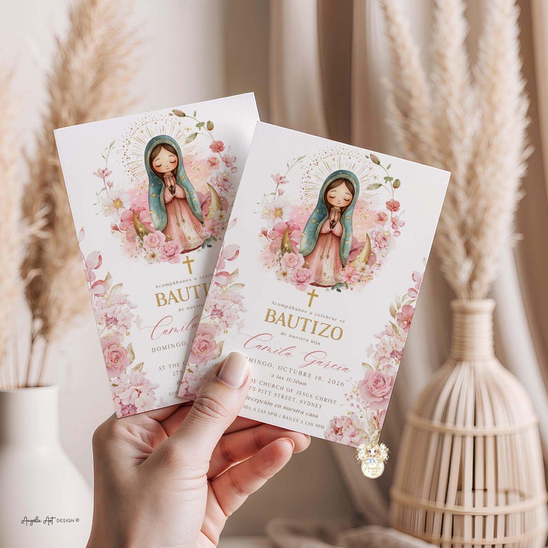 Virgen de Guadalupe Invitacione Bautizo Niña. Spanish Baptism Invitation Girl, EDITABLE Para Imprimir 17 imagem 5