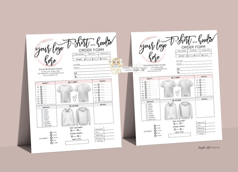 May include: A printable order form for t-shirts and hoodies. The form includes sections for customer information, order details, payment, and a total. The form has a pink and white color scheme with a handwritten font.
