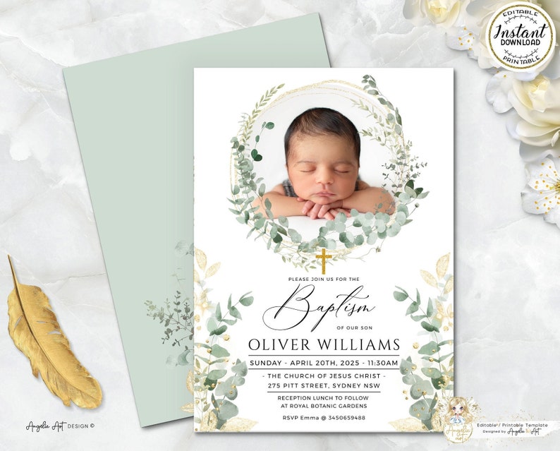 May include: A baptism invitation with a green and gold floral wreath design. The invitation features a photo of a baby boy in the center of the wreath. The text on the invitation reads "Please join us for the Baptism of our son Oliver Williams, Sunday, April 20th, 2025, 11:30 AM, The Church of Jesus Christ, 275 Pitt Street, Sydney NSW, Reception lunch to follow at Royal Botanic Gardens, RSVP Emma @ 3450659488."