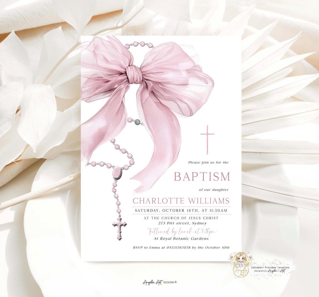 AMY Blush Pink BOW Rosary Baptism Invitation Template EDITABLE
