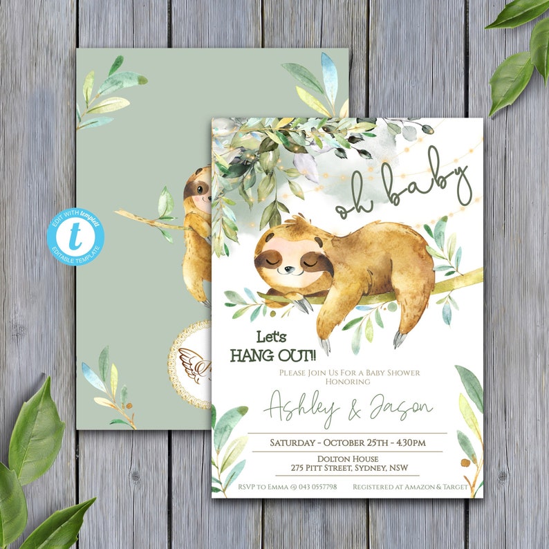 Sloth Baby Shower Invitation EDITABLE Template Instant Etsy France