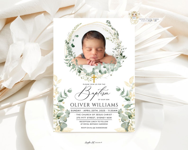 May include: A baptism invitation with a watercolor wreath of eucalyptus leaves and gold accents. The invitation features a photo of a baby boy sleeping and the text "Please join us for the Baptism of our son Oliver Williams Sunday April 20th, 2025 - 11:30am The Church of Jesus Christ 275 Pitt Street, Sydney NSW Reception lunch to follow at Royal Botanic Gardens RSVP Emma 3450659488"